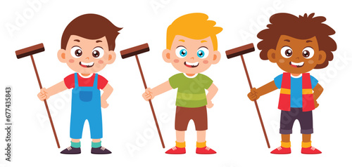 Group of Little Kid Cleaning Up Pose Collection. Children Boys Standing with mob, Daily Routine Activity Isolated Element Objects. Flat Style Icon Vector Illustration
