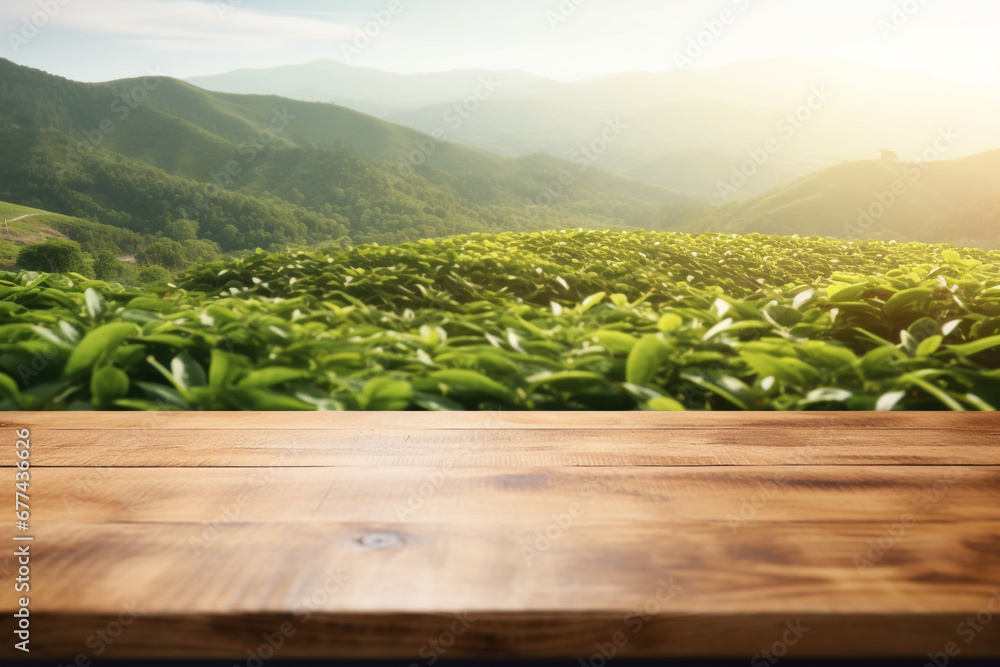 Top of surface wooden table with blurred green tea plantation background. Top of surface wooden table with blurred green tea plantation background.