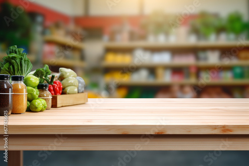 Top of surface wooden table with blurred grocery store  background. © Golden House Images