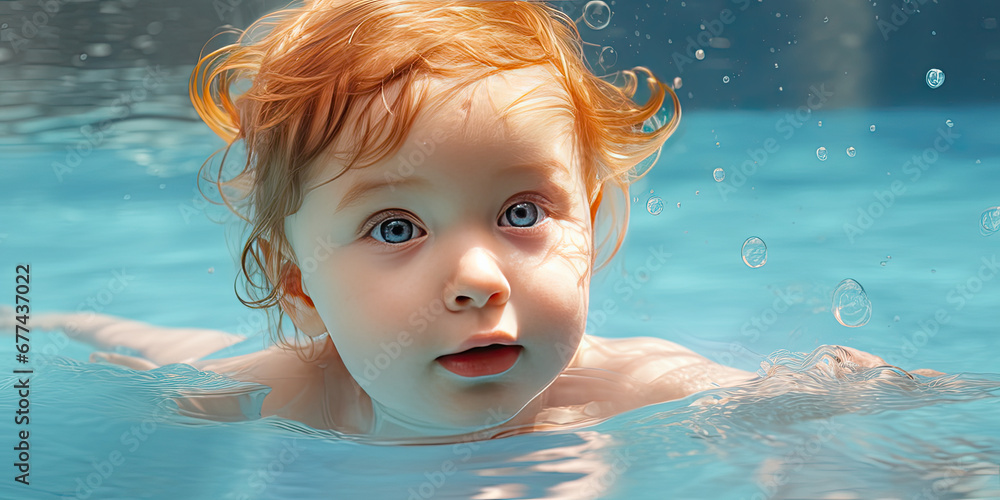 a baby swims in the swimming pool