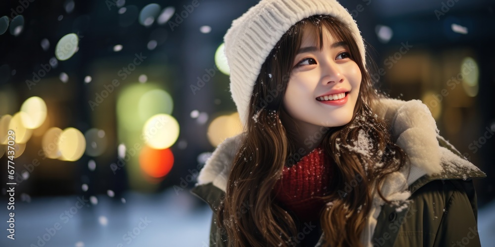 beautiful girl in winter coat smiling and laughing, traditional street scenes, bokeh, generative AI beautiful girl in winter coat smiling and laughing, traditional street scenes, bokeh, generative AI