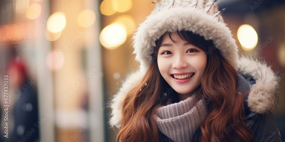 beautiful girl in winter coat smiling and laughing, traditional street scenes, bokeh, generative AI beautiful girl in winter coat smiling and laughing, traditional street scenes, bokeh, generative AI