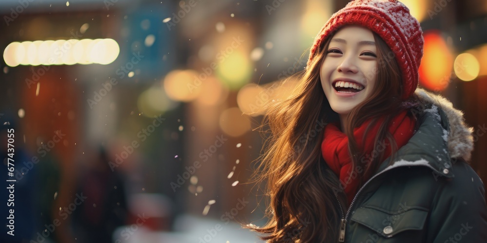 beautiful girl in winter coat smiling and laughing, traditional street scenes, bokeh, generative AI