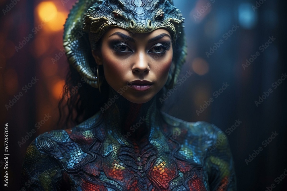 Mujer reptiliana, mujer extraterrestre con aspecto de reptil - obrazy, fototapety, plakaty 