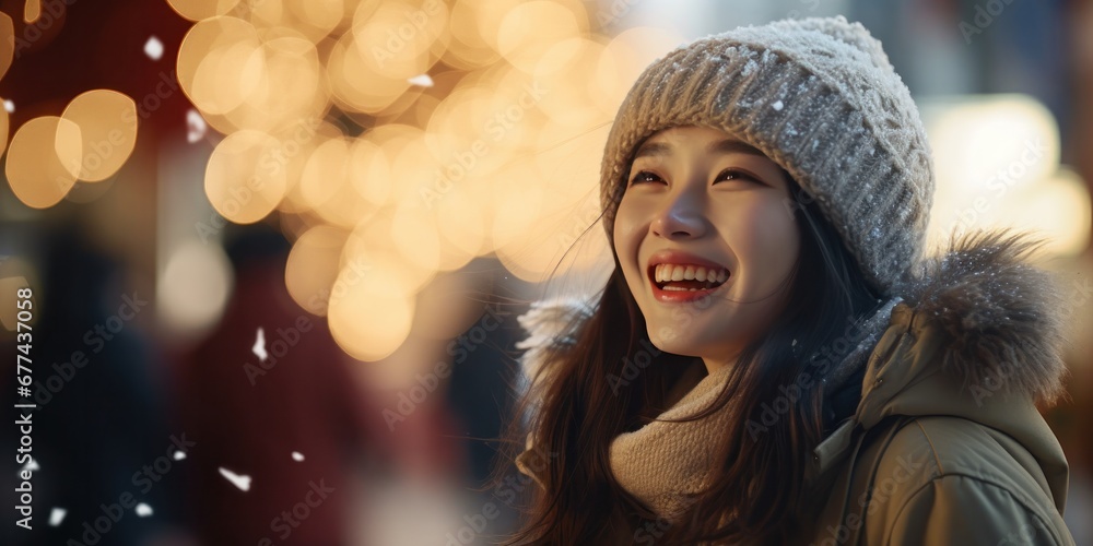 beautiful girl in winter coat smiling and laughing, traditional street scenes, bokeh, generative AI beautiful girl in winter coat smiling and laughing, traditional street scenes, bokeh, generative AI