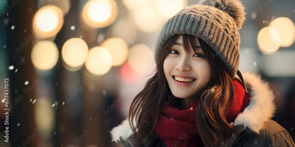 beautiful girl in winter coat smiling and laughing, traditional street scenes, bokeh, generative AI beautiful girl in winter coat smiling and laughing, traditional street scenes, bokeh, generative AI