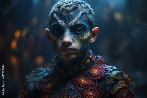 Niño reptiliano, niño con aspecto de reptil, disfraz de reptil, carnaval, extraterrestre