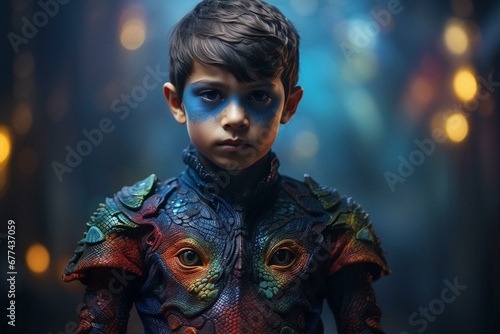 Niño reptiliano, niño con aspecto de reptil, disfraz de reptil, carnaval, extraterrestre