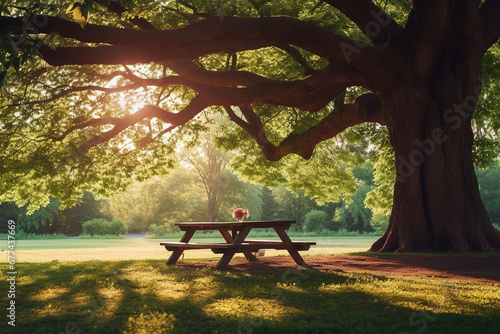 Wooden table for family picnic under big tree in green public park.