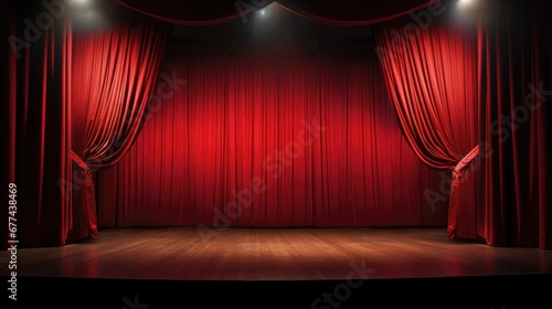 Expansive empty stage, adorned with large red curtains and backdrop, eagerly awaiting performers, setting the scene for an upcoming captivating performance.