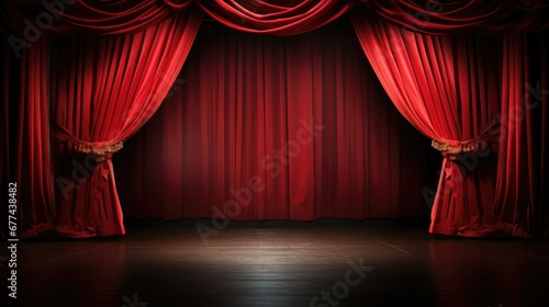 Expansive empty stage, adorned with large red curtains and backdrop, eagerly awaiting performers, setting the scene for an upcoming captivating performance.