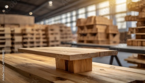 interior of an warehouse, Montage-ready wooden table, versatile product display setup, uncluttered and inviting, complemented by a softly blurred warehouse environment,