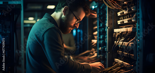 Handsome young engineer working in server room