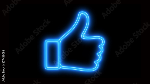 Neon thumb up icon. Glowing neon like sign, outline approving hand pictogram in vivid colors. Social media feedback, positive attitude, best choice.  photo