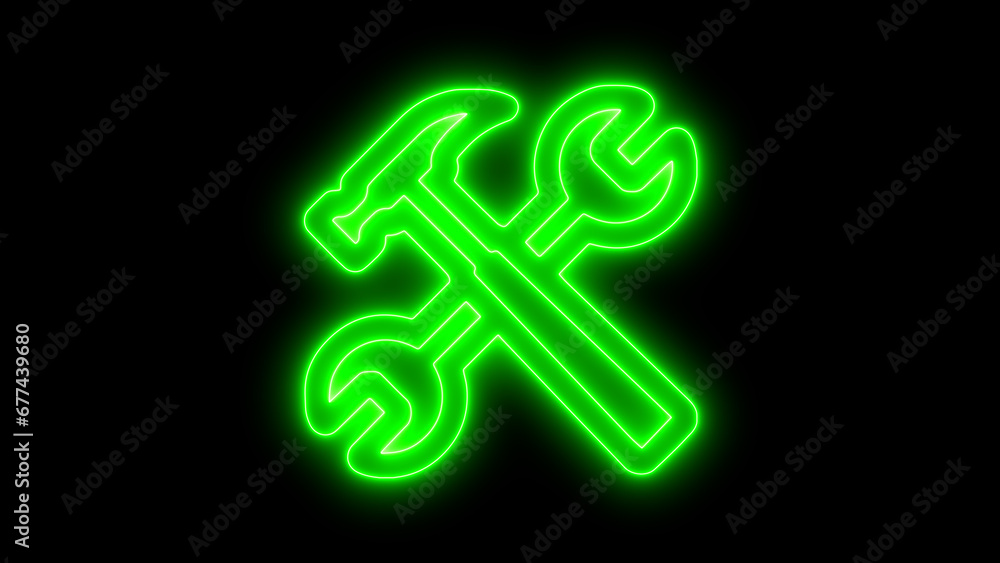 Handwork neon glowing tools icon on black background. Handwork neon glowing tools icon on black background.