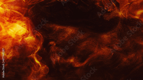 Glitter smoke background. Fantasy smog. Yellow red glowing fog with golden ash dust in dark explosion burst abstract fire shimmering ink art.