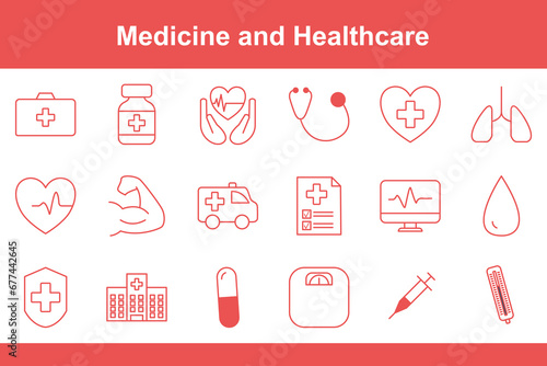 Set of vector linear icons Medicine and Healthcare, Stethoscope, Ambulance, Blood, Inject, Thermometer, Capsule