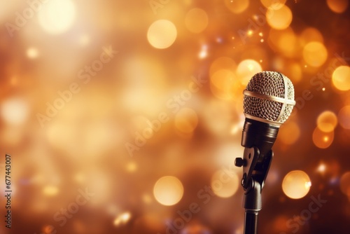 Close up of microphone in concert hall with blurred lights at background. Garland lamps or flashlights in a blurry bokeh.