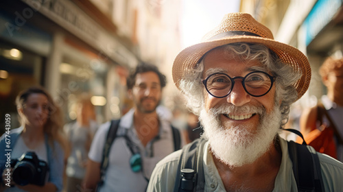 Senior observer capturing candid interactions between locals and travelers
