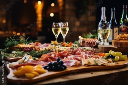 Light snacks in a plate on a buffet table. Assorted mini canapes  delicacies and snacks  restaurant food at event. A gala reception. Decorated delicious table for a party goodies.