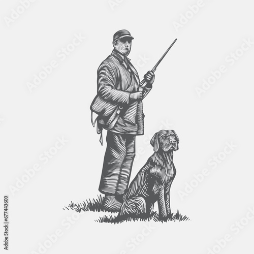 vector hunter and his dog. illustrations with vintage style engraving techniques