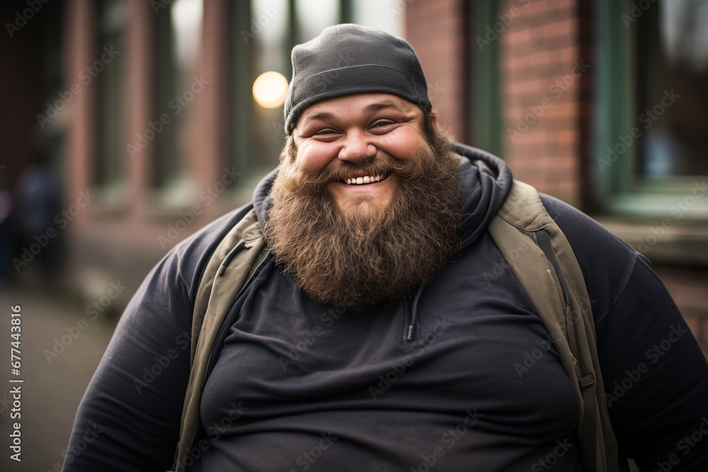 portrait of a smiling fat bearded man in a hat on the street