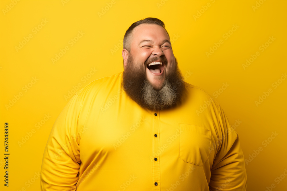 Obraz premium Fat bearded man in yellow clothes smiling on yellow background