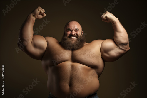 fat bearded man showing biceps