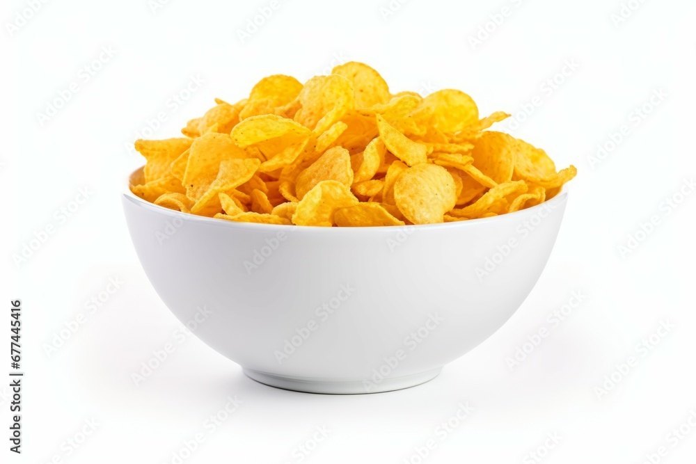 Selective focus on white background isolated Corn Flakes Selective focus on white background isolated Corn Flakes