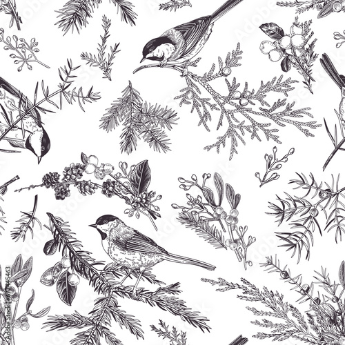 Photography Vintage seamless pattern with birds and winter plants