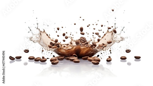 Coffee beans with splashes of white milk on a white background
