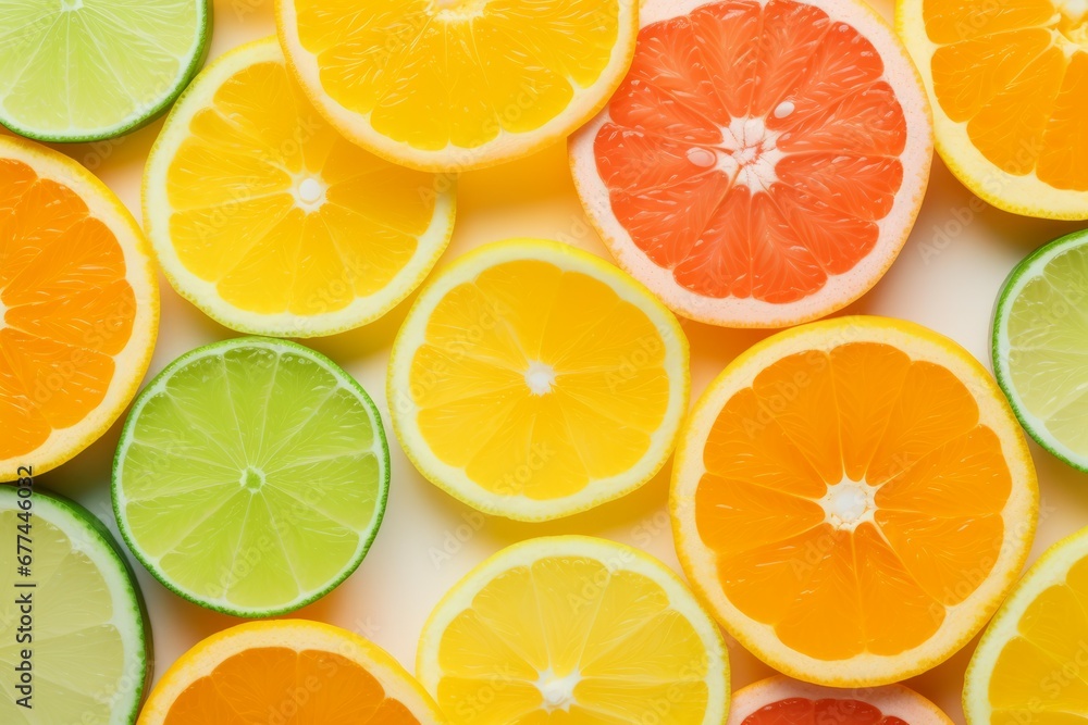 Top view of citrus fruit slices arranged on a background with two different tones Top view of citrus fruit slices arranged on a background with two different tones