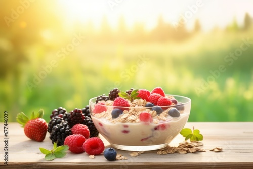 Oatmeal berries vegan oat milk and ripe cereal field in the background photo