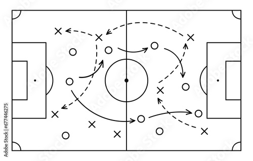 Soccer strategy field, football game tactic drawing on chalkboard. Hand drawn soccer game scheme, learning diagram with arrows and players on board, sport plan outline vector illustration