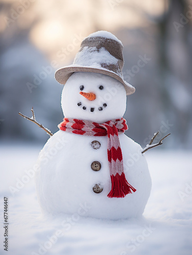 Funny snowman in hat and scarf standing in the winter forest