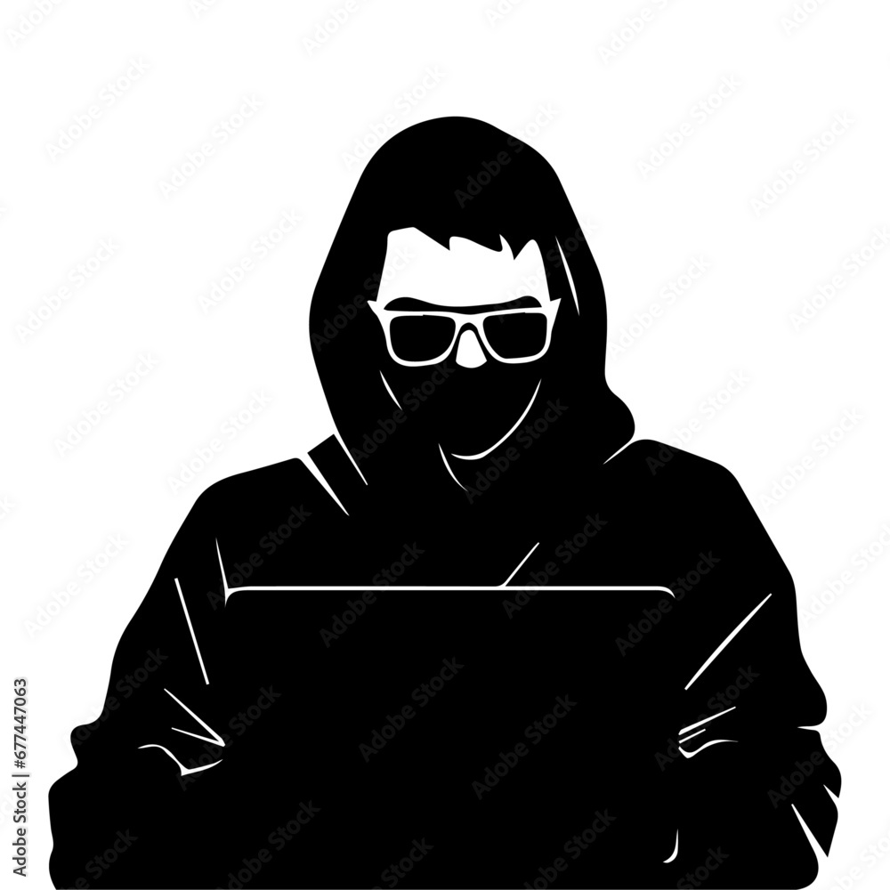 Hacker vector silhouette illustration, a hacker with laptop vector silhouette illustration Hacker vector silhouette illustration, a hacker with laptop vector silhouette illustration
