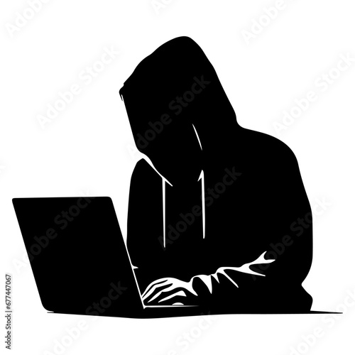 Hacker vector silhouette illustration, a hacker with laptop vector silhouette illustration