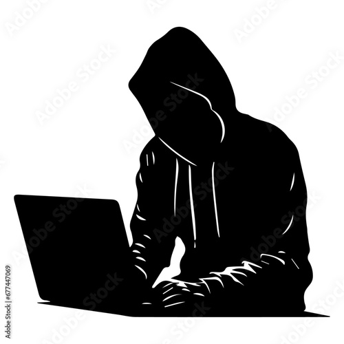 Hacker vector silhouette illustration, a hacker with laptop vector silhouette illustration