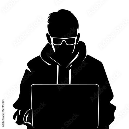 Hacker vector silhouette illustration, a hacker with laptop vector silhouette illustration