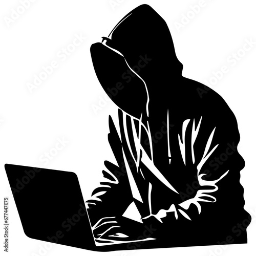 Hacker vector silhouette illustration, a hacker with laptop vector silhouette illustration
