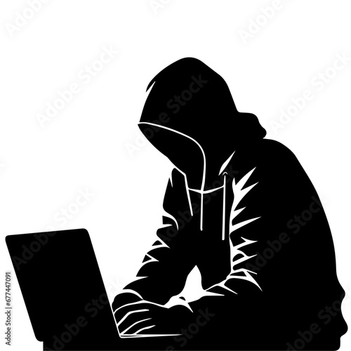 Hacker vector silhouette illustration, a hacker with laptop vector silhouette illustration