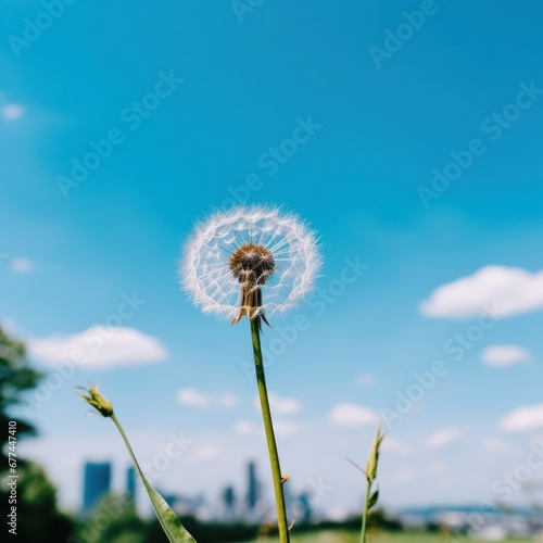 a dandelion with a blue sky and clouds