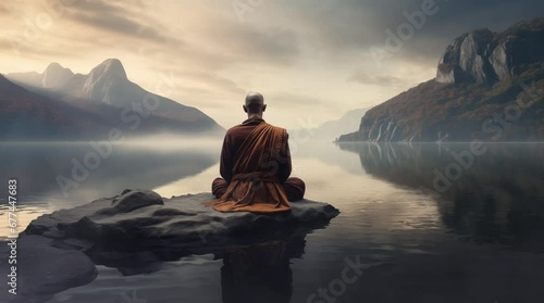 a monk meditation on rock at lake, seamless looping 4K video animation background photo