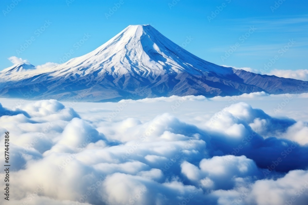 a mountain with snow on top and clouds