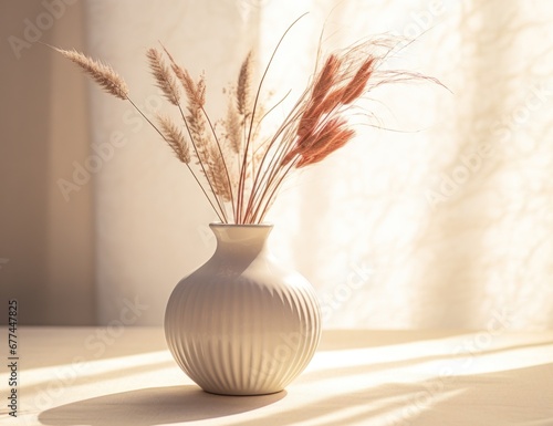 a white vase with dried flowers in it