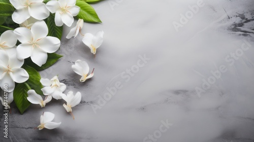 white flowers and leaves on a gray surface