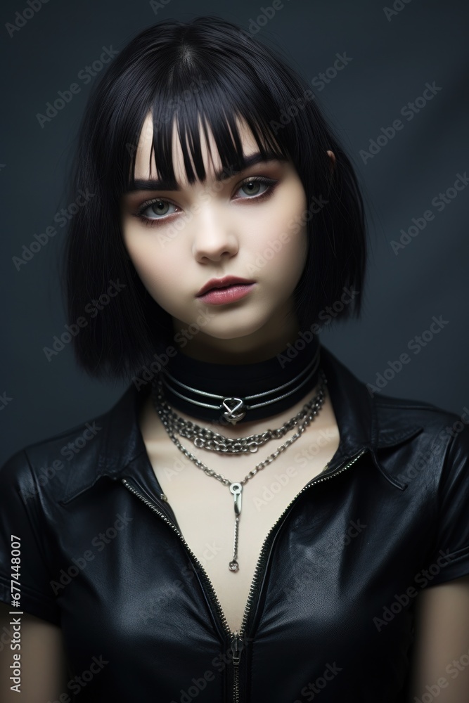 a woman with black hair and a necklace