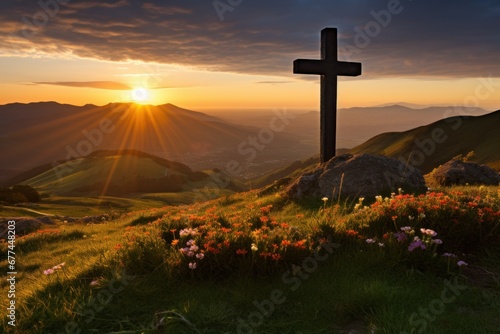 a cross on a hill with flowers and mountains in the background