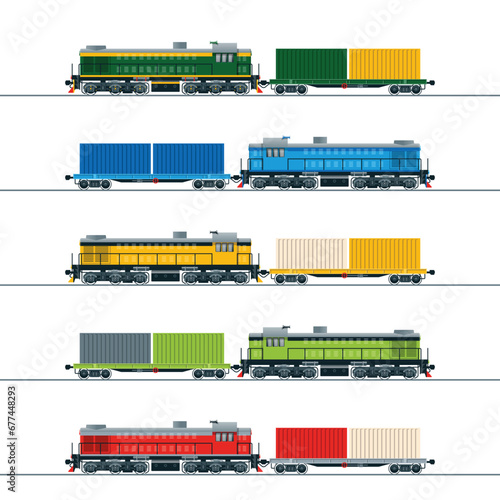 A diesel locomotive and a platform car with containers. Vector image in different colour options