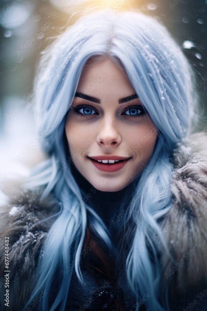 a woman with blue hair and fur coat a woman with blue hair and fur coat